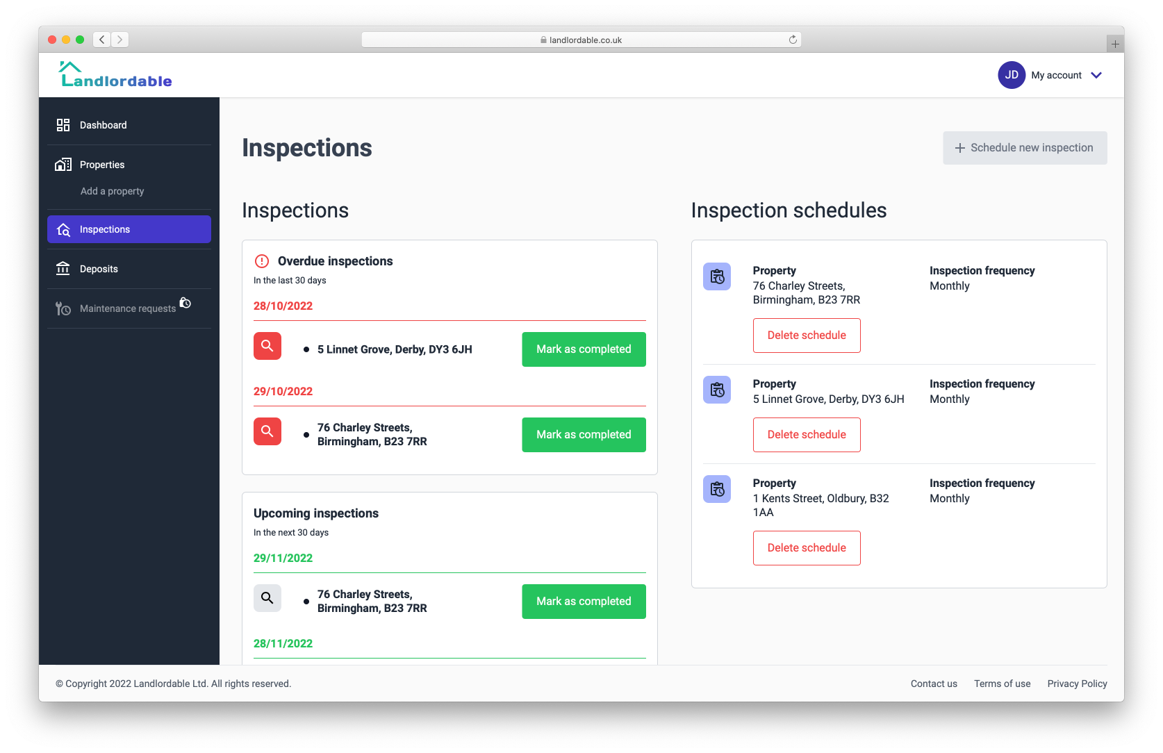 Landlordable inspections page