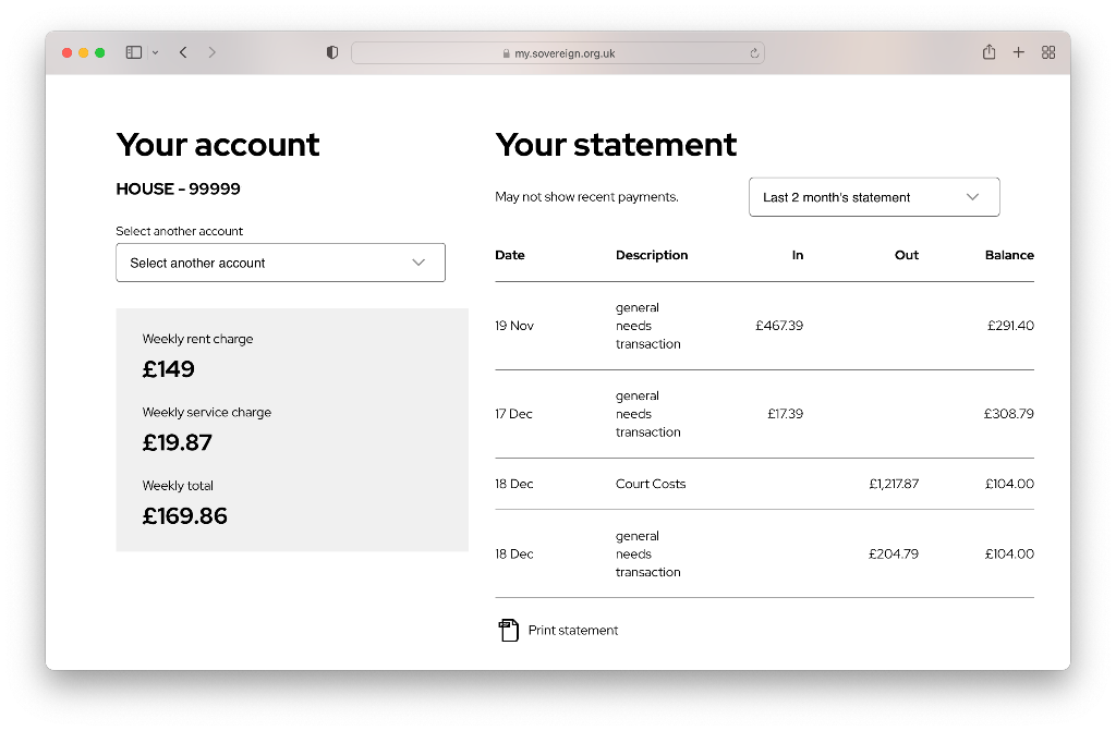 Sovereign portal transactions page